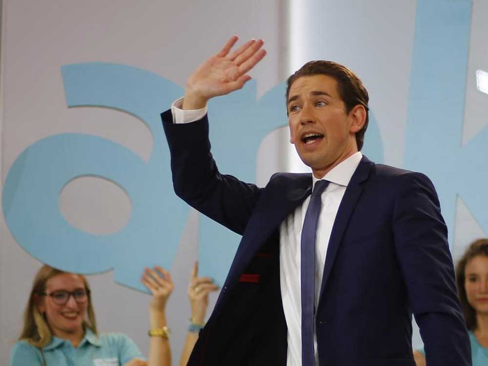 Top candidate of the People's Party (OeVP) Sebastian Kurz attends his party's victory celebration meeting in Vienna, Austria, October 15, 2017. Reuters.