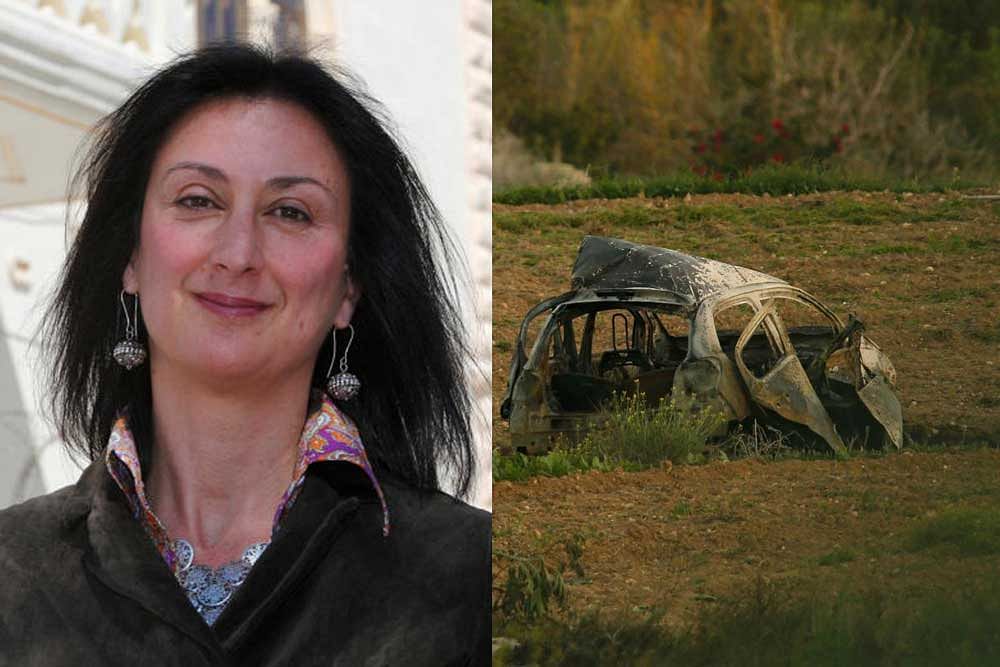 Maltese investigative journalist Daphne Caruana Galizia and blown up car. Reuters photos