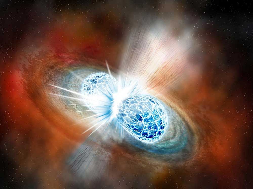 cosmic burst: An artist's rendering of the merger of the two neutron stars. In a scientific first that set off a flurry of research, sensors on Earth detected the collision of two neutron stars on August 17. The Carnegie Institution for Science via NYT