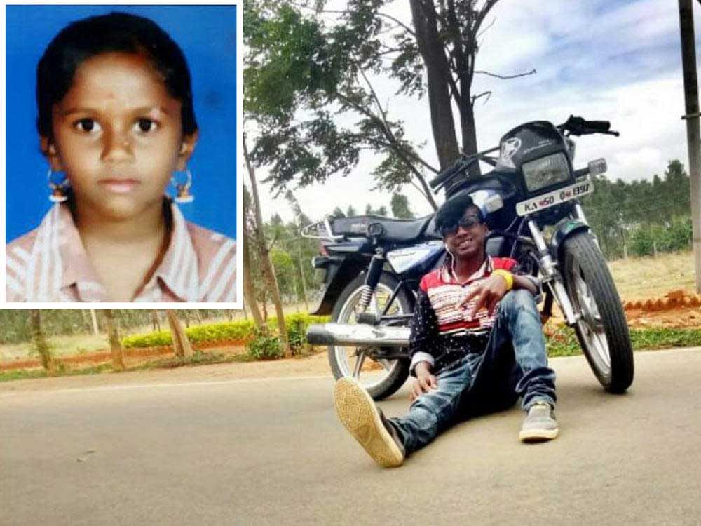 A seven year old girl Sahana(inste) was killed when  a bike rider Raju knocked her down allegedly while attempting some bike stunts in Maranayakanahalli colony in Chikkajala on Thursday, in Bengaluru. DH Photo