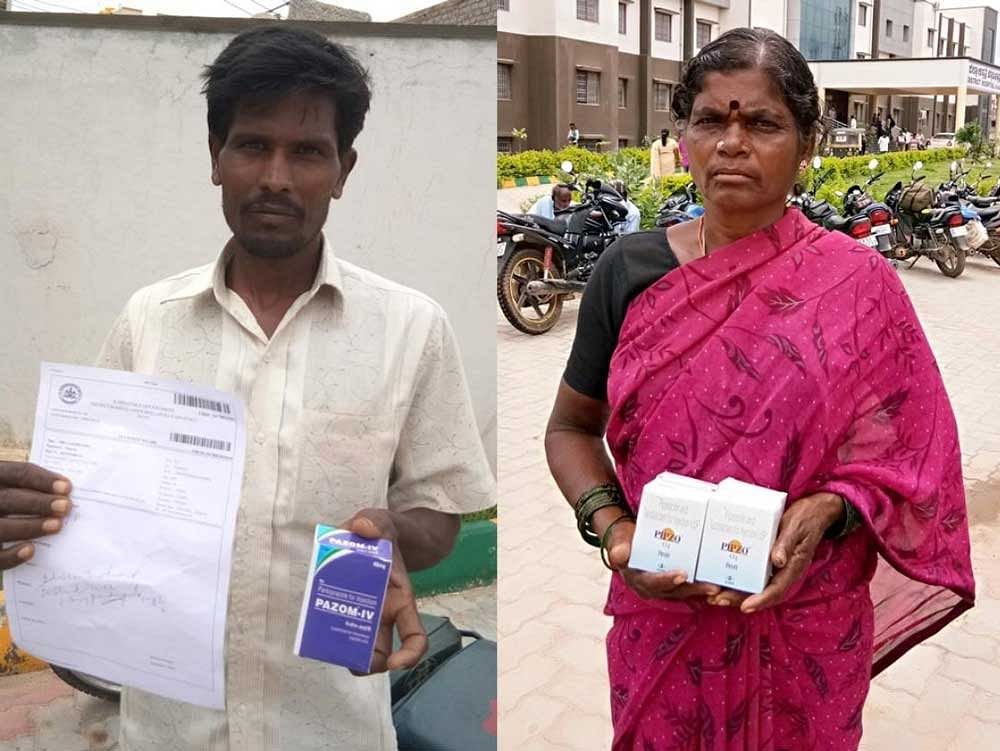 Patients show the prescription and medicines bought from private medical stores despite the Pradhan Mantri Janaoushadi program being in force at the Chikkaballpur district hospital