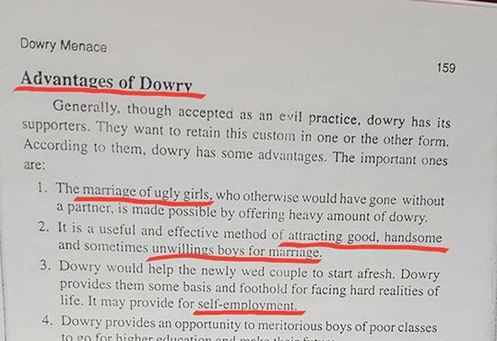 A screengrab of the textbook page showing some of the 'benefits' of the dowry system. Facebook photo.