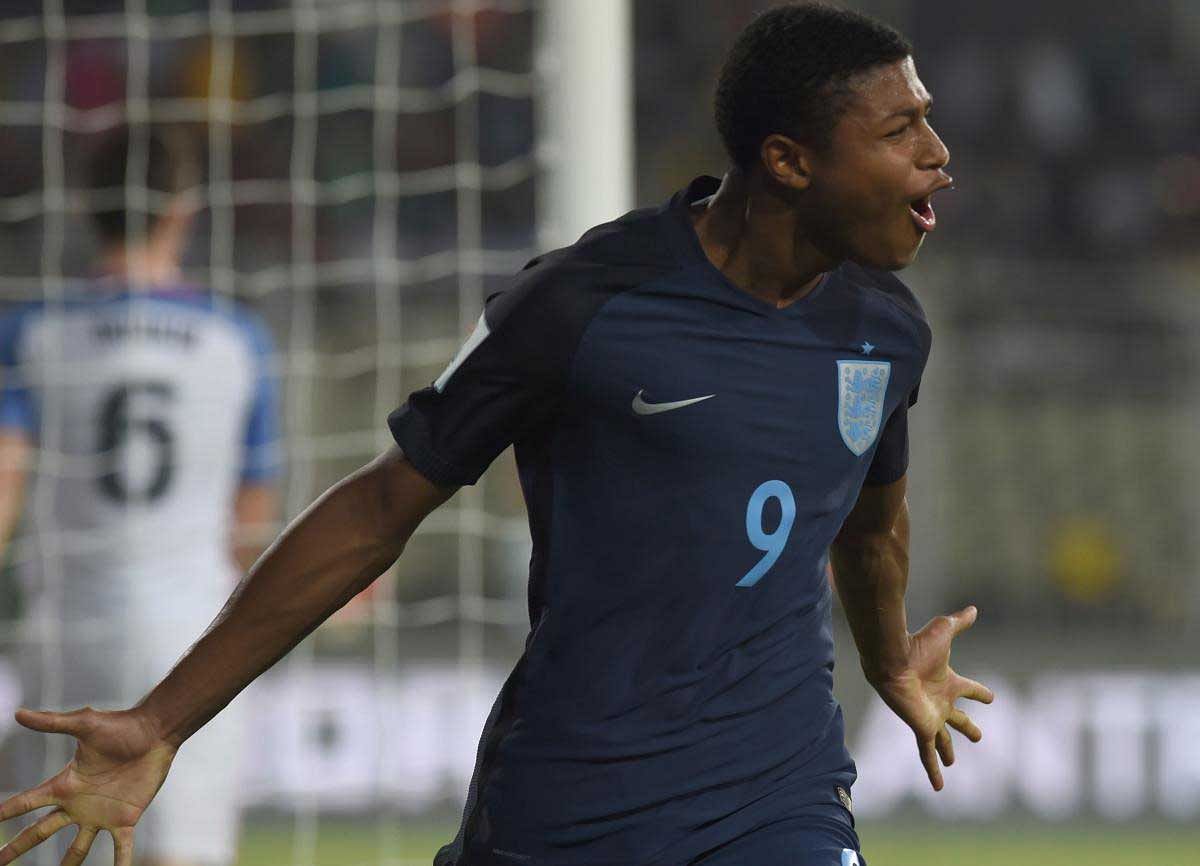 Rhian Brewster of England celebrates after scoring the second goal during the quarterfinal football match between USA and England in the FIFA U-17 World Cup at the Jawaharlal Nehru Stadium in Goa on October 21, 2017. AFP