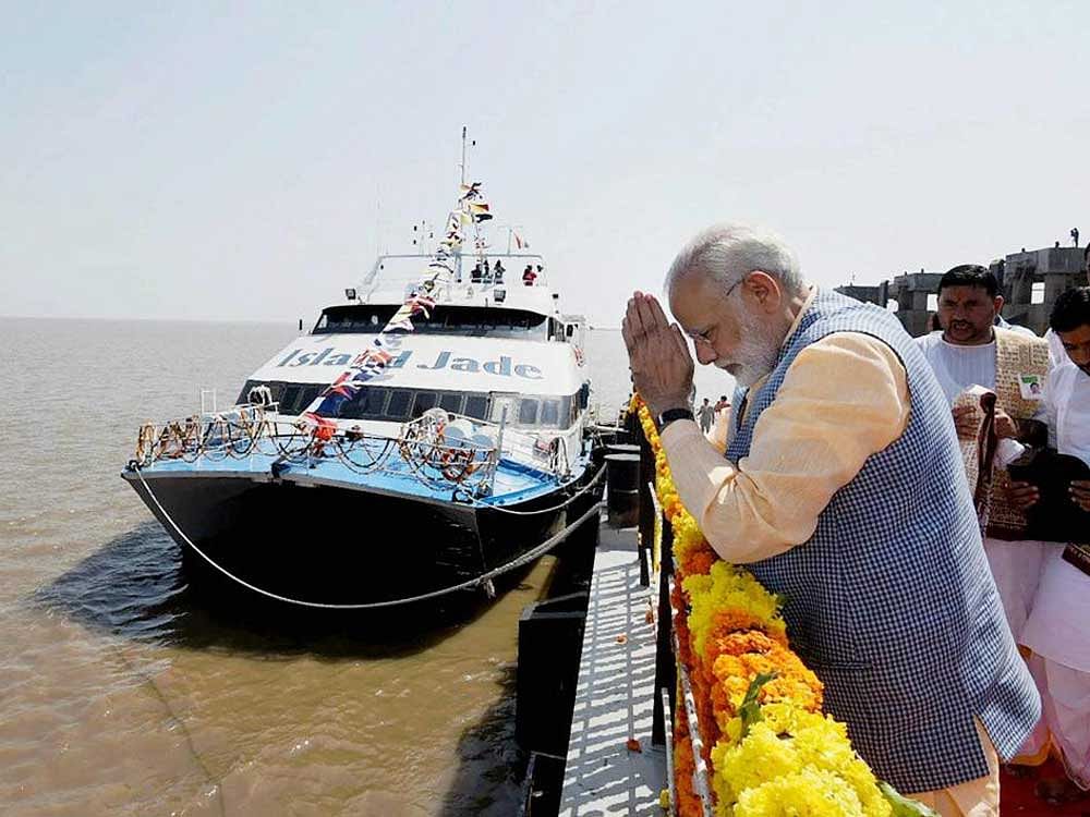 Prime Minister Narendra Modi at the Ghogha Sea Ferry Point to mark the inauguration of Ghogha-Dahej Ro-Ro Ferry Service, in Ghogha, Bhavnagar on Sunday. PTI