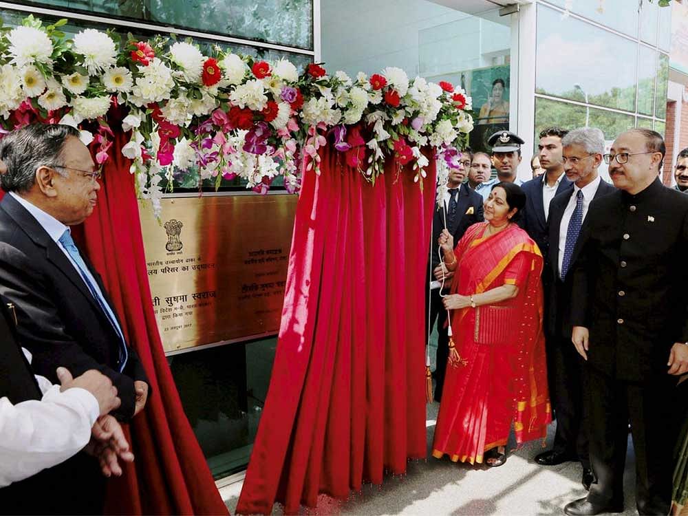 External Affairs Minister Sushma Swaraj inaugurates the new chancery of Indian High Commission in Dhaka. PTI Photo