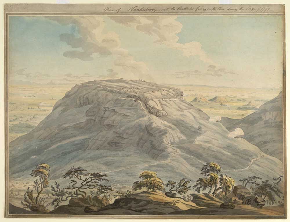 Watercolor of Nandidroog Hill painted during the October 1791 siege by Colin Mackenzie.