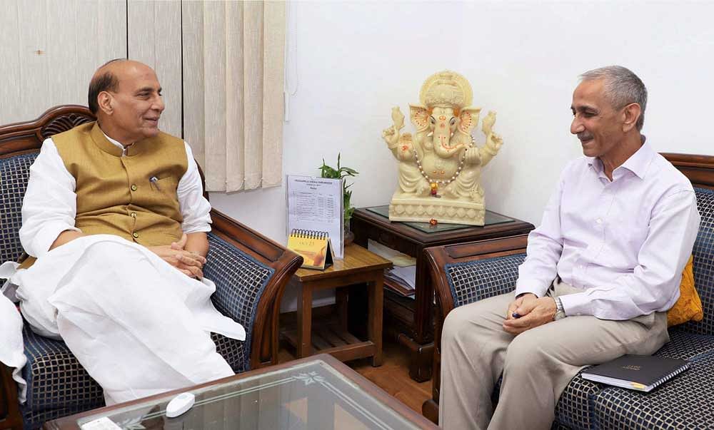 Dineshwar Sharma, former Director of Intelligence Bureau, calling on the Union Home Minister, Rajnath Singh, after being appointed as the Representative of Government of India to initiate dialogue in Jammu and Kashmir. PTI photo.