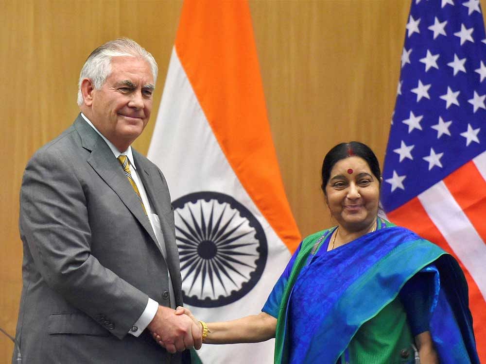 Tillerson, on his maiden visit to India after taking over as US Secretary of State, met Sushma at the Ministry of External Affairs headquarters in Jawaharlal Nehru Bhavan. PTI Photo