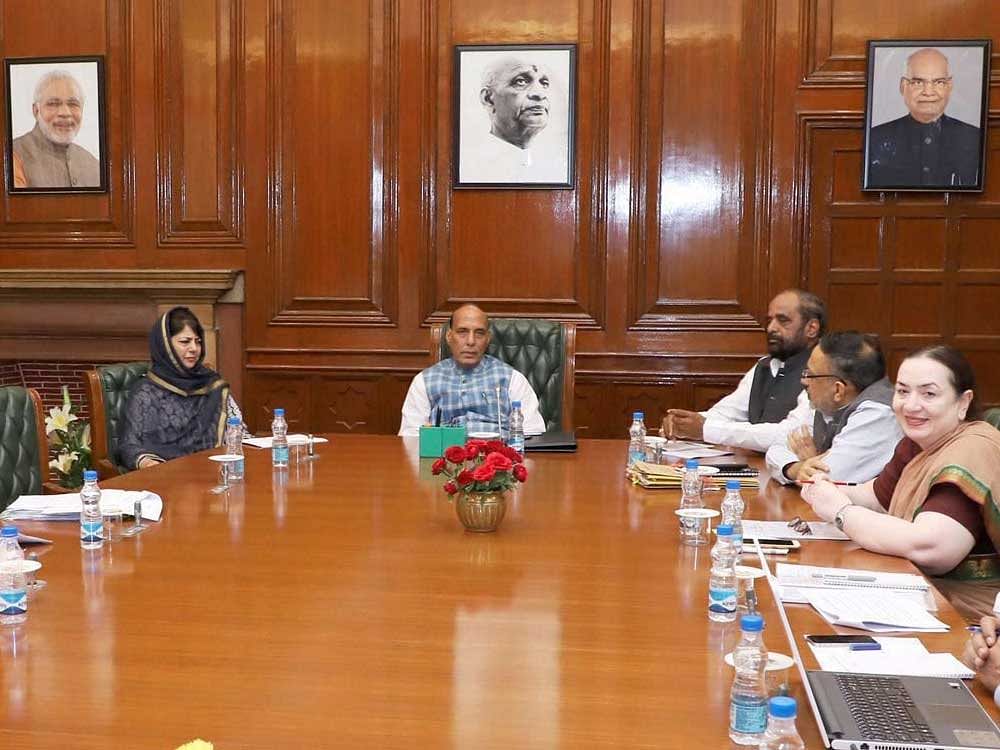 Union Home Minister Rajnath Singh chairing a meeting on the development projects in Jammu and Kashmir, in New Delhi. PTI Photo