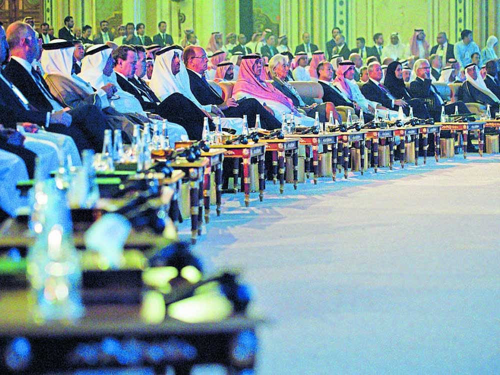 lining up: Guests at the Future Investment Initiative conference in Riyadh, Saudi Arabia. Despite a royal rollout here proclaiming that the once-insular kingdom was open for business, the prince's grand economic plans have proceeded haltingly. nyt