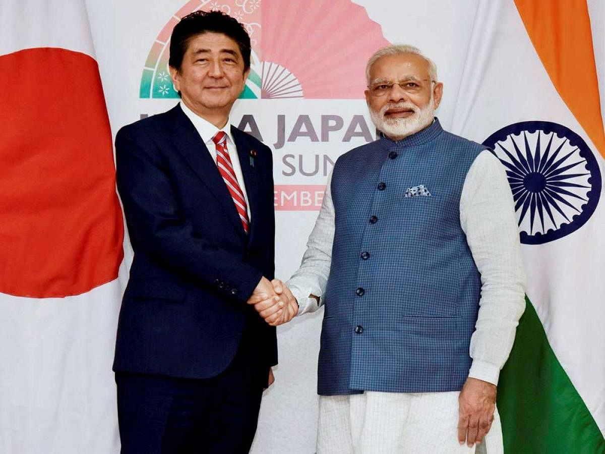 Japanese Prime Minister Shinzo Abe meets with his Indian counterpart Narendra Modi. PTI file photo