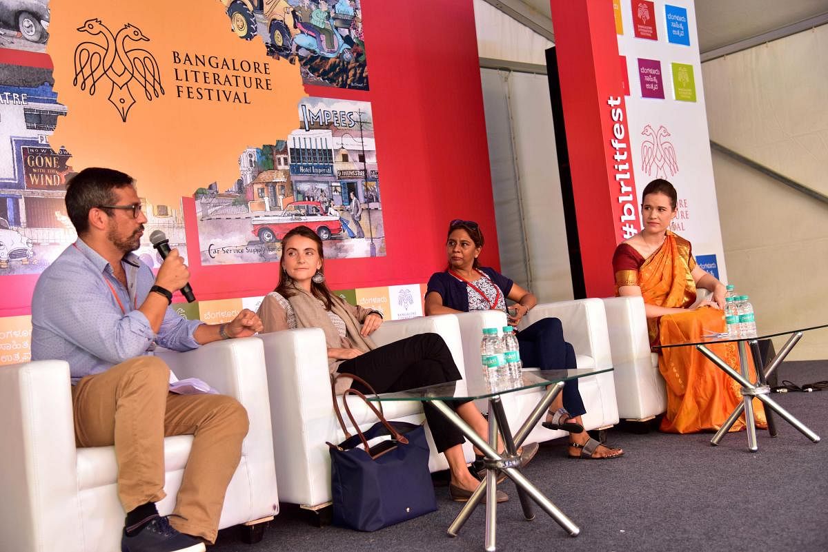 (From Left) Chhimi Tenduf La, Pilar Maria Guerrier, Meenal Baghe and Jessy James LaFleur, are talking on Women travelling Alone, at the Bangalore Literature Festival in Bengaluru on Sunday. Photo/ B H Shivakumar