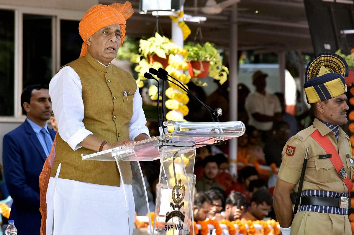 Union Home Minister Rajnath Singh addressing at the passing out parade at Sardar Vallabhbhai Patel National Police Academy (SVP NPA) in Hyderabad on Monday. PTI Photo