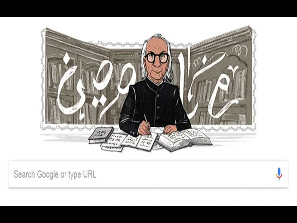 Designed by guest artist Prabha Mallya, the Google homepage shows the bespectacled scholar in a black bandhgala at work against a stylised Google written in the manner of the Urdu script. Screen Grab