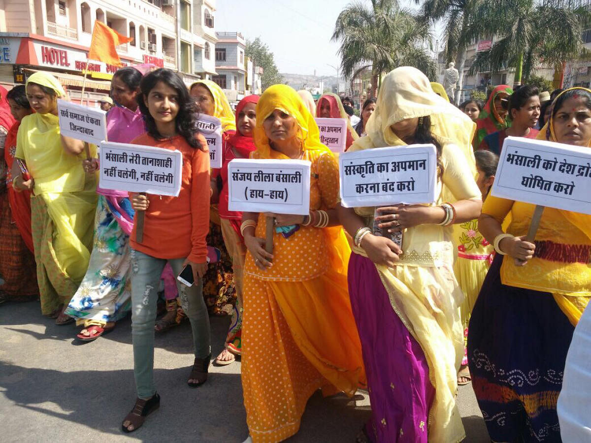 In a protest organised by the Padmini Johar Sansthan, an institution which organises the Johar mela at the Chittorgarh fort every year, thousands of men, women and children participated.