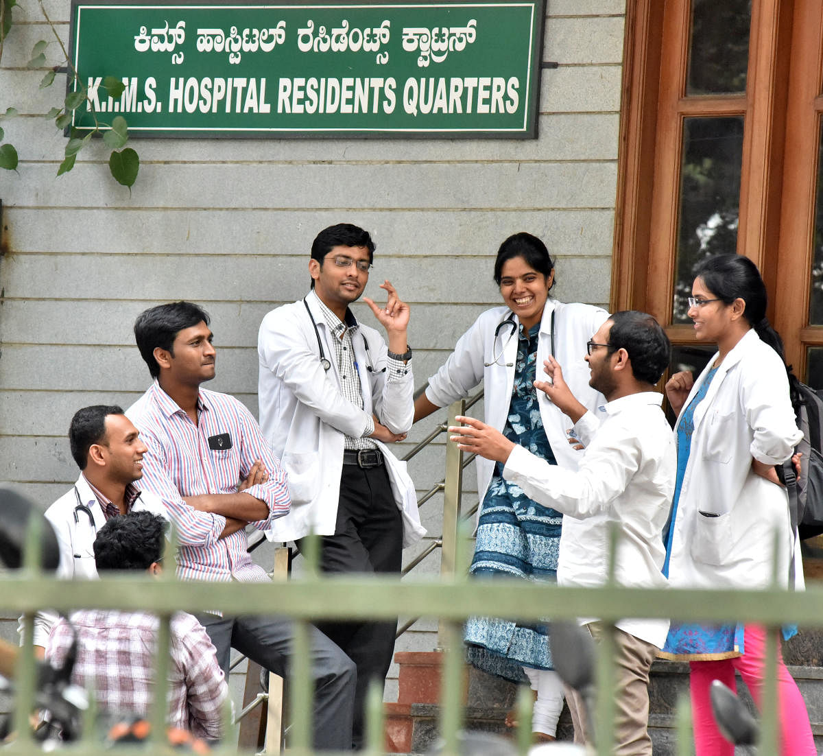 Doctors interacts together during a strike against Private Medical Establishments (Amendment) Bill by Karnataka government at KIMS hospital in Bengaluru on Friday. Photo by Janardhan B K