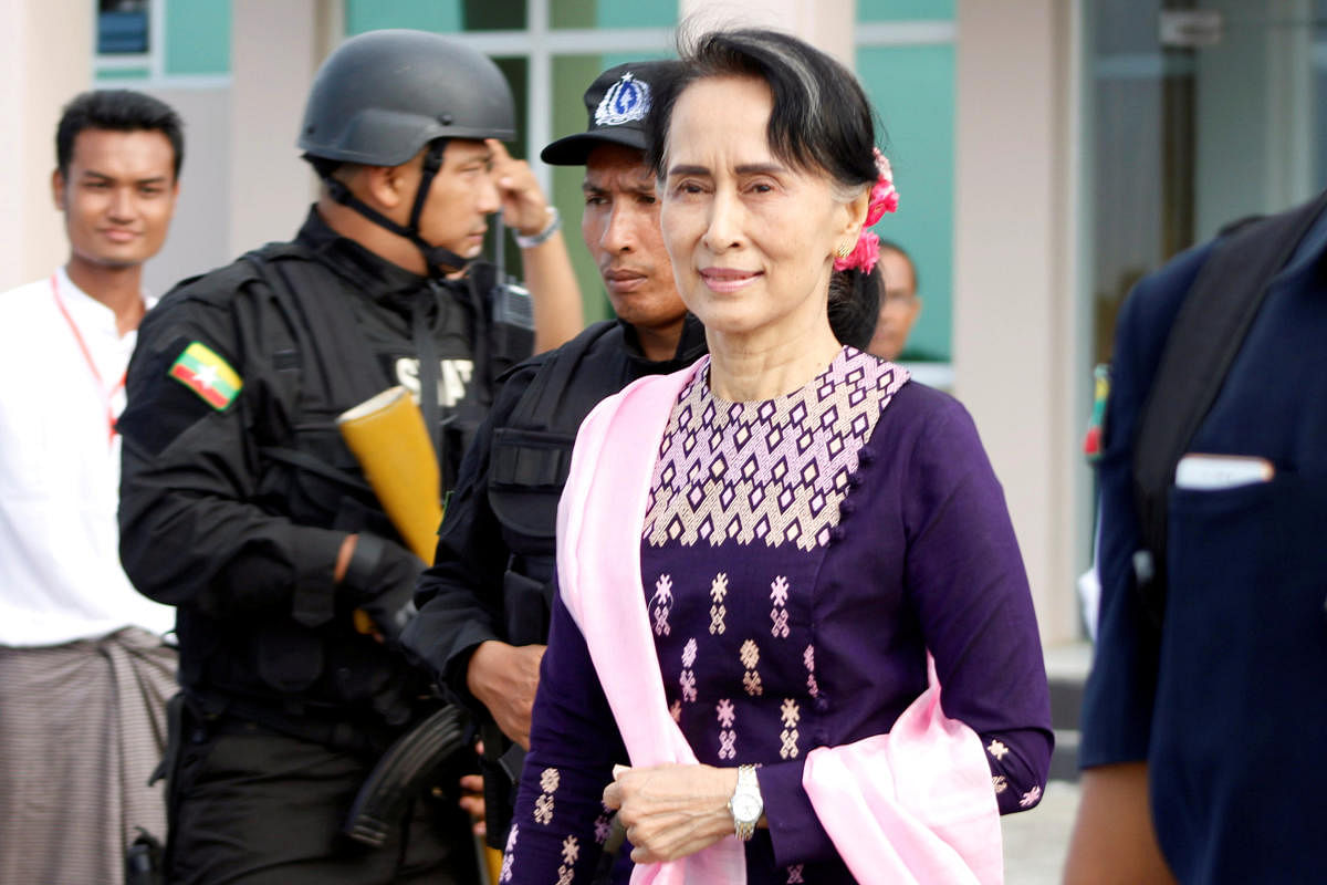 Aung San Suu Kyi at Sittwe airport after her visit to Rakhine on Thursday. US lawmakers, while seeking sanctions against Myanmar's military, stayed clear of attacking Suu's civilian government. REUTERS
