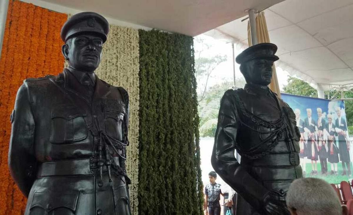 The statues of Field Marshal K M Cariappa and General K S Thimayya unveiled by Army Chief General Bipin Rawat in Gonikoppal, Kodagu district on Saturday.