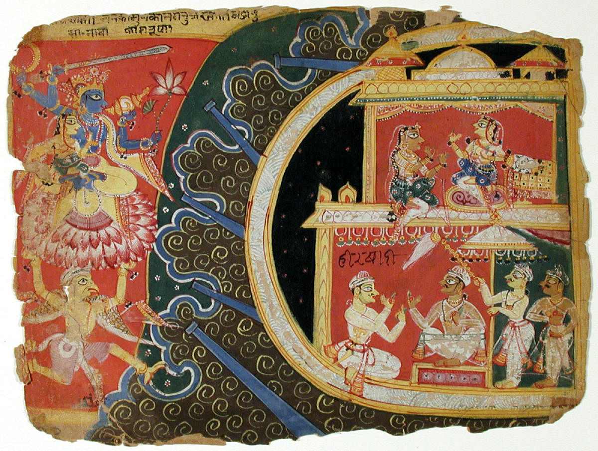 A depiction of Krishna attacking Naraka's capital.