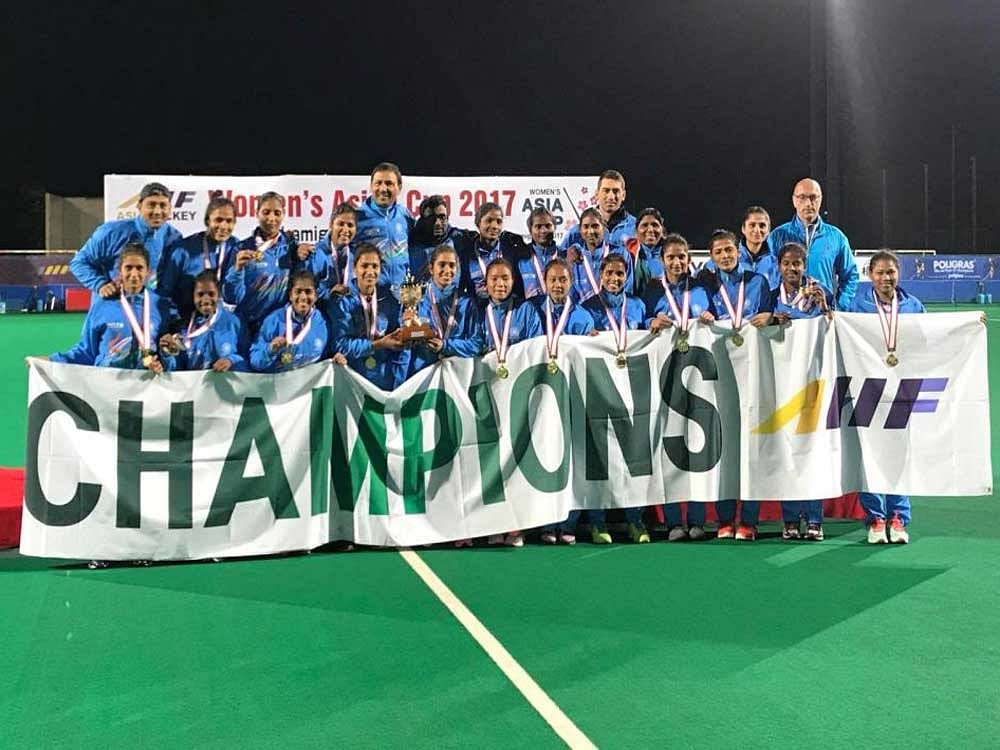 Indian women's hockey team with Asia Cup title on Sunday. They beat China 5-4 on shootout to clinch the title. Image courtesy Hockey India