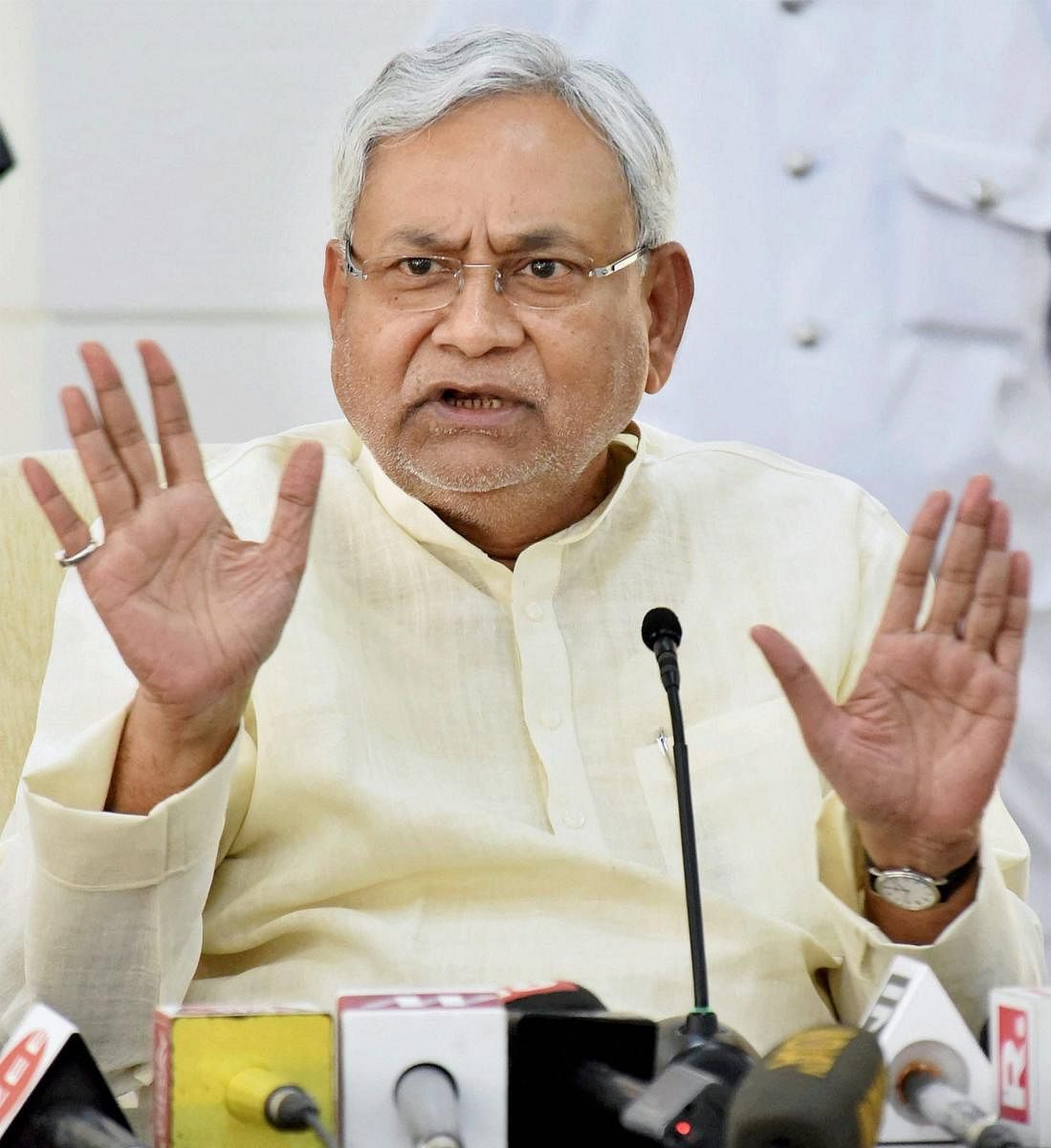 Bihar Chief Minister Nitish Kumar addresses a press conference at his residence in Patna, Bihar, on Monday. PTI