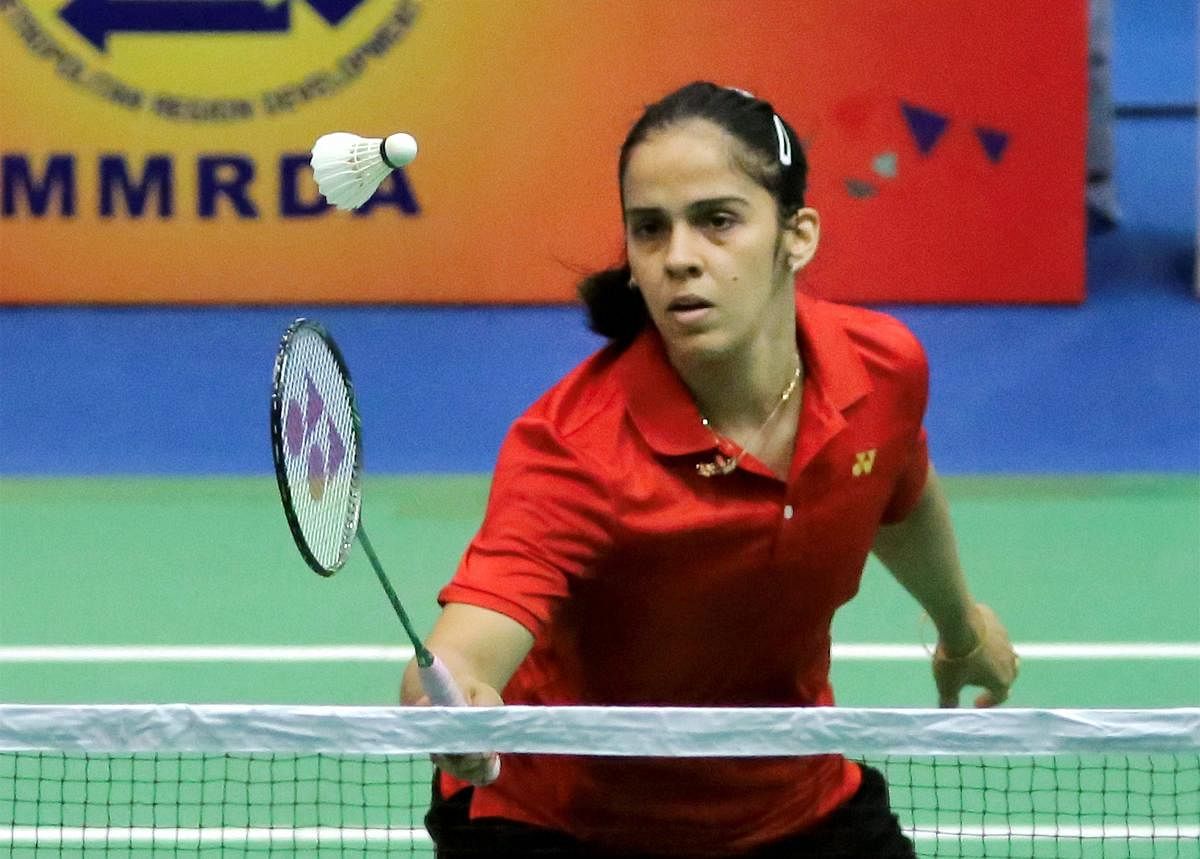 IN CONTROL: Saina Nehwal in action against G Vrushali in the National Championships on Monday. PTI