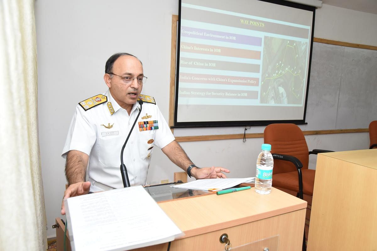 Chief of Personnel, Indian Navy, Naval Headquarters AVSM Vice Admiral Anil Kumar Chawla speaks delivers a talk at Manipal University on Monday.