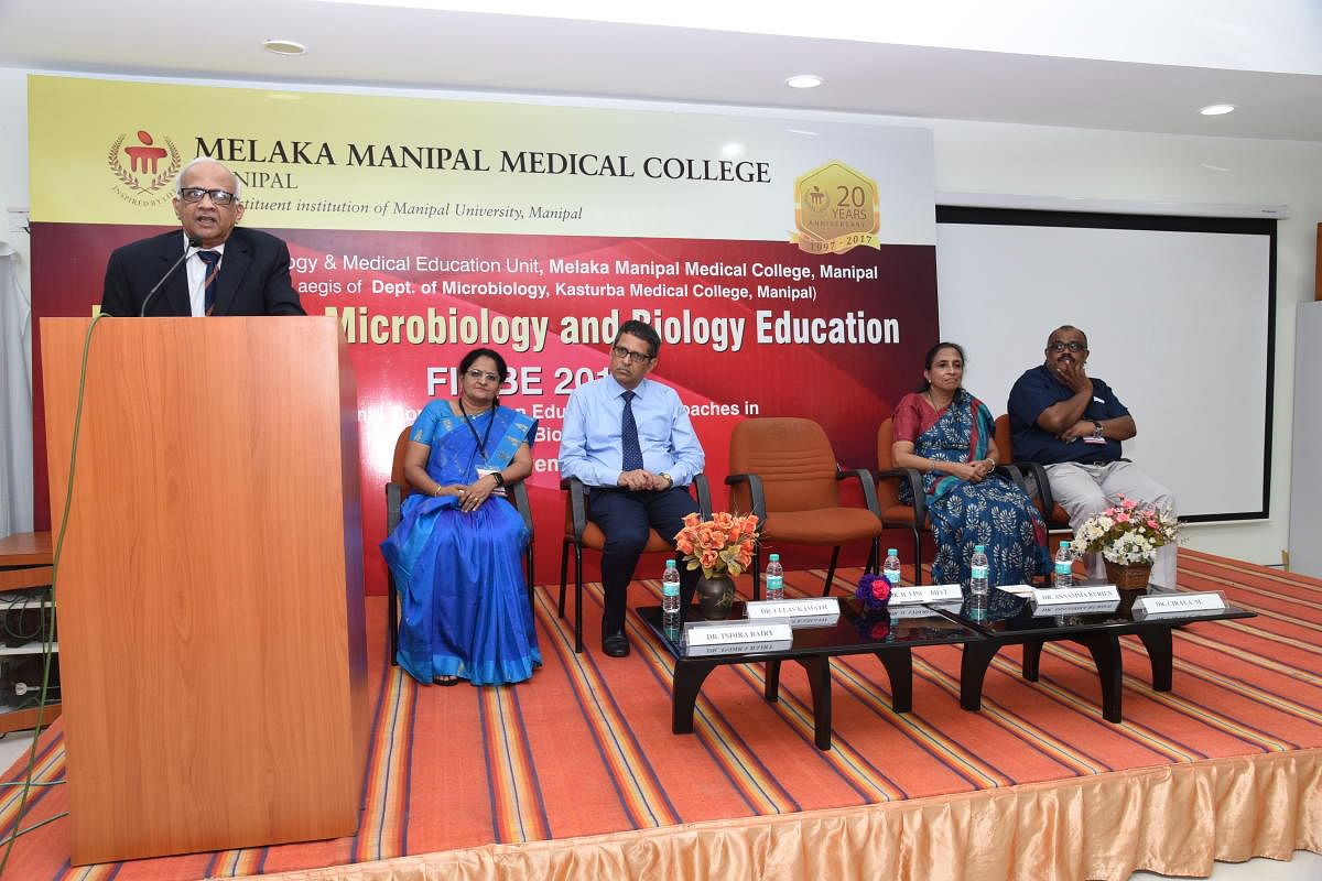 Manipal University VC Dr H Vinod Bhat delivering the inaugural address at the two-day national conference on educational approaches in microbiology and biology education at the MMMC auditorium in Manipal.