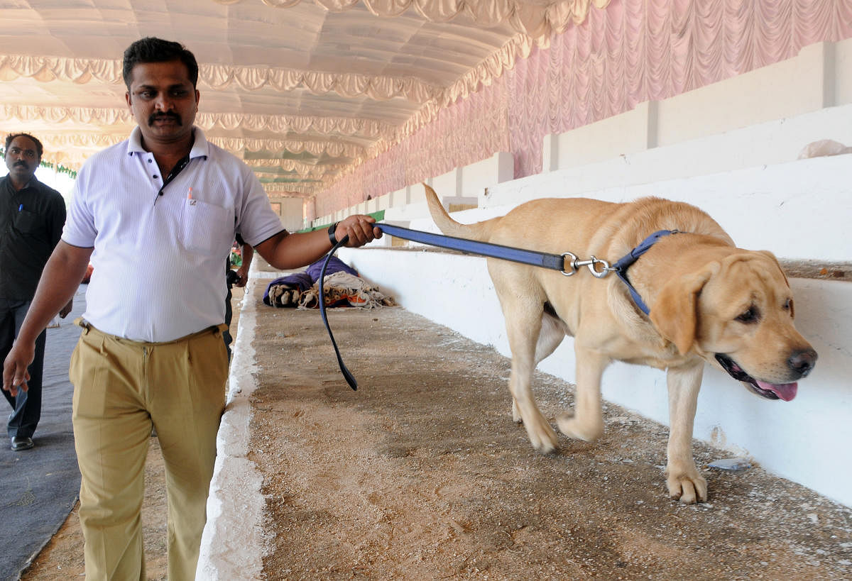 Police dog squad inspecting Field Marshal Manekshaw Parade Ground ahead of Republic day celebrations in Bengaluru on Monday. -Photo/ Ranju PAn exclusive dog sqauad will be able to detect various types of drugs.