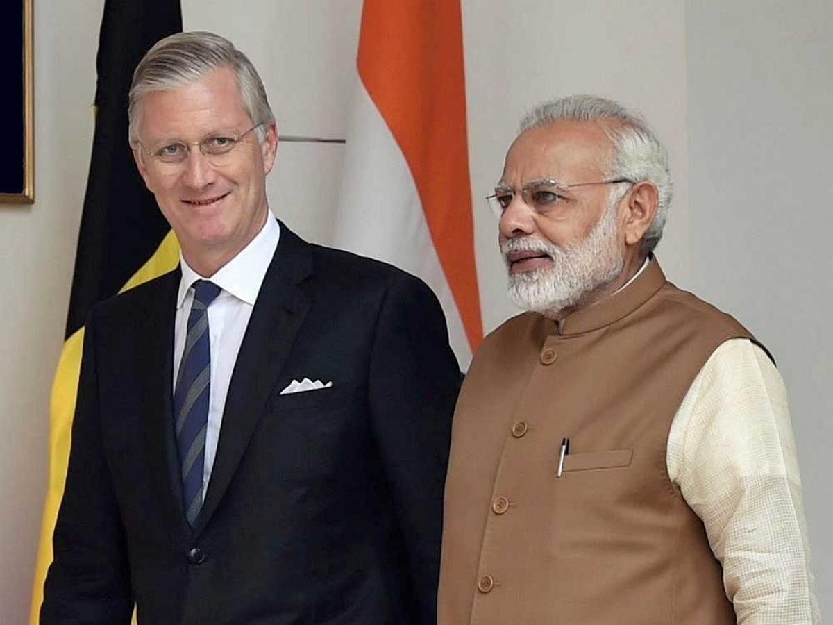 Prime Minister Narendra Modi and the King Philippe of Belgium before a meeting at Hyderabad House in New Delhi on Tuesday. PTI Photo