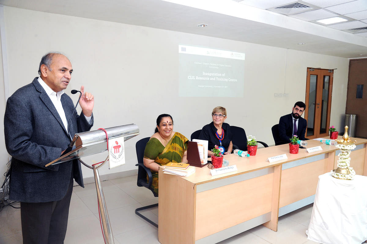 Chairman of the People's Linguistic Survey of India (PLSI) Dr. Ganesh N Devy addressing the gathering at the inauguration of Content and Language Integrated Learning (CLIL) Resource and Training Centre of CLIL@India Project in Manipal on Monday.