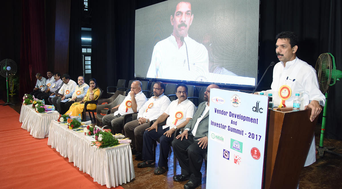 MP Nalin Kumar Kateel speaks at two-day national vendor development programme cum exhibition, at Town Hall in Mangaluru on Tuesday.
