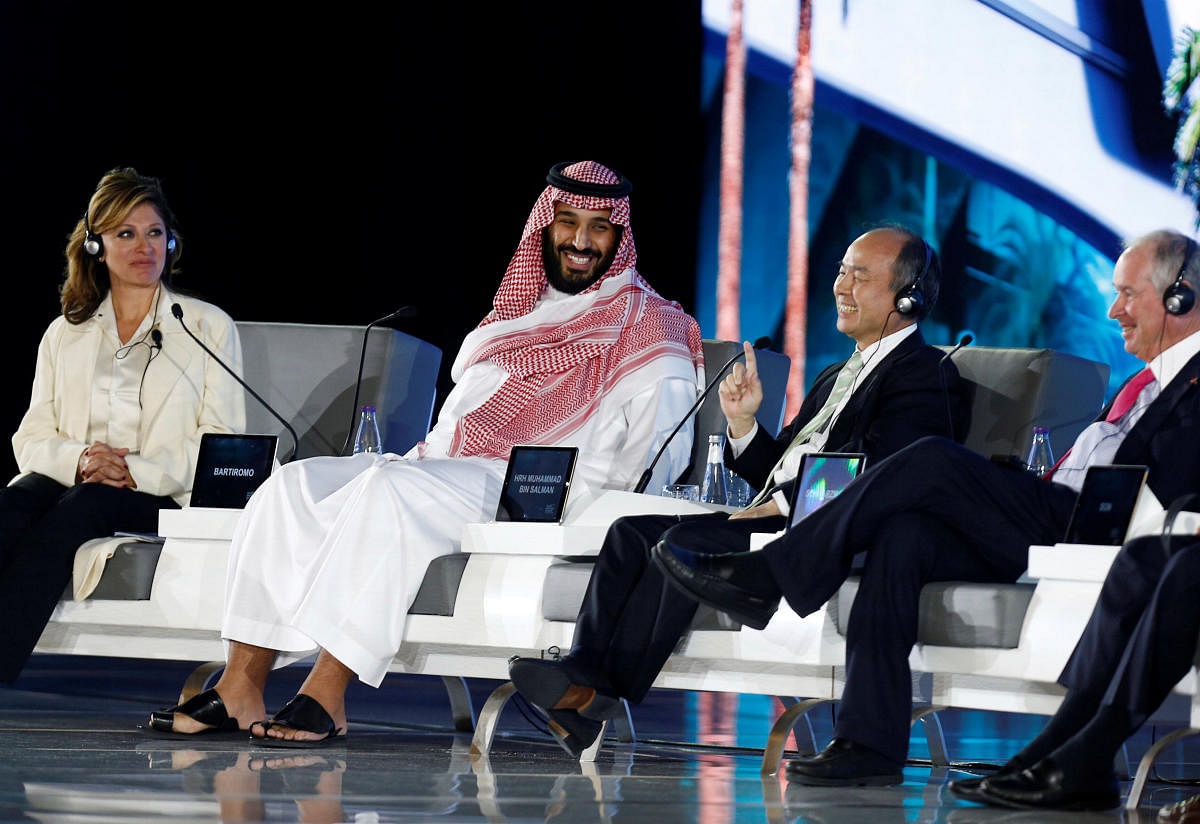 Saudi Crown Prince Mohammed bin Salman and Masayoshi Son, SoftBank Group Corp. Chairman and CEO, attend the Future Investment Initiative conference in Riyadh, Saudi Arabia October 24, 2017. REUTERS/Faisal Al Nasser
