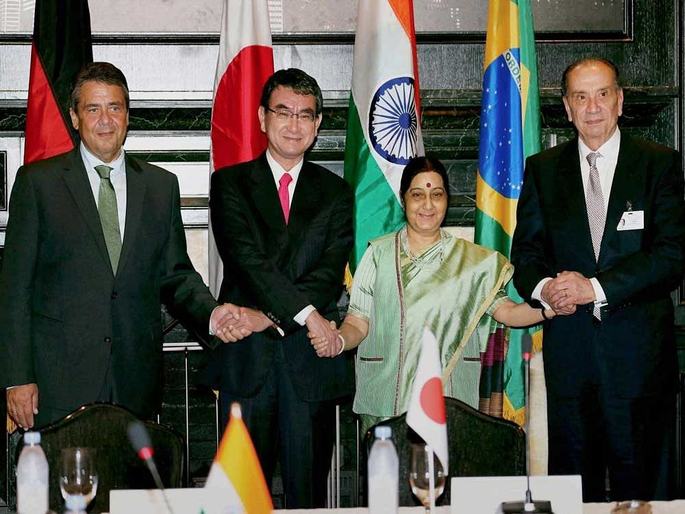 External Affairs Minister Sushma Swaraj, Brazilian Foreign Relations Minister Aloysio Nunes, German Foreign Minister Sigmar Gabriel and Japanese Foreign Minister Taro Kono during a meeting of G4 countries in New York. PTI  File Photo