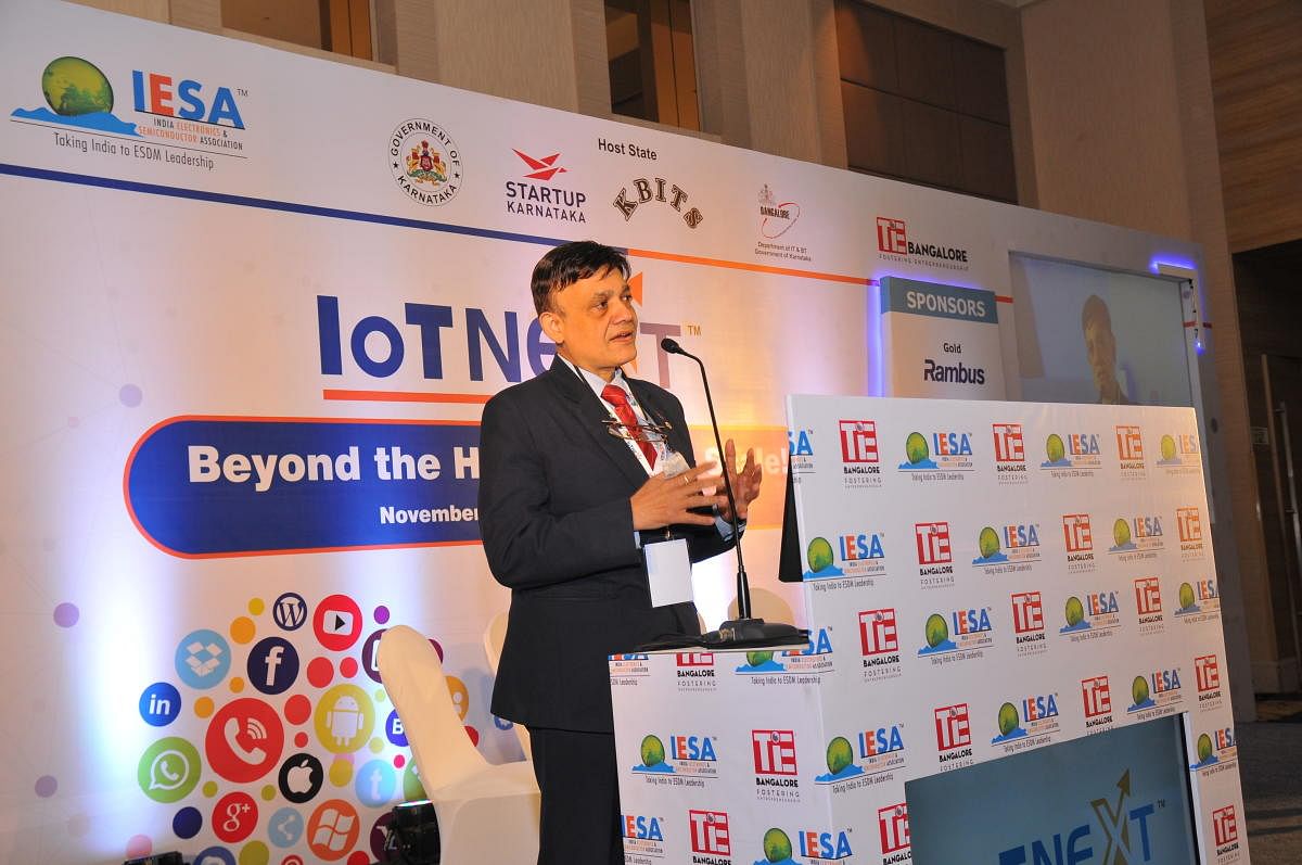 IESA Cahirman Ashwini K Aggarwal speaks at the IoTNext 2017 Summit in Bengaluru on Wednesday.