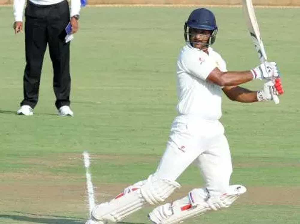 Karnataka's Mayank Agarwal en route his unbeaten 169 against Delhi on the opening day of their Ranji Trophy tie at Alur Ground in Bengaluru on Thursday. DH Photo/ Srikanta Sharma R