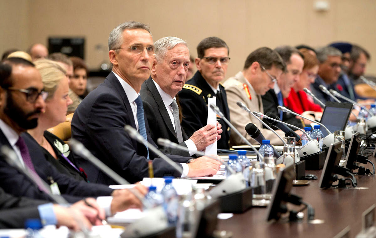 U.S. Secretary for Defense Jim Mattis and NATO Secretary General Jens Stoltenberg are seen prior to the opening address during a round table meeting of NATO defence ministers and the Coalition to Defeat the Islamic State at NATO headquarters in Brussels, Belgium, November 9, 2017. REUTERS photo