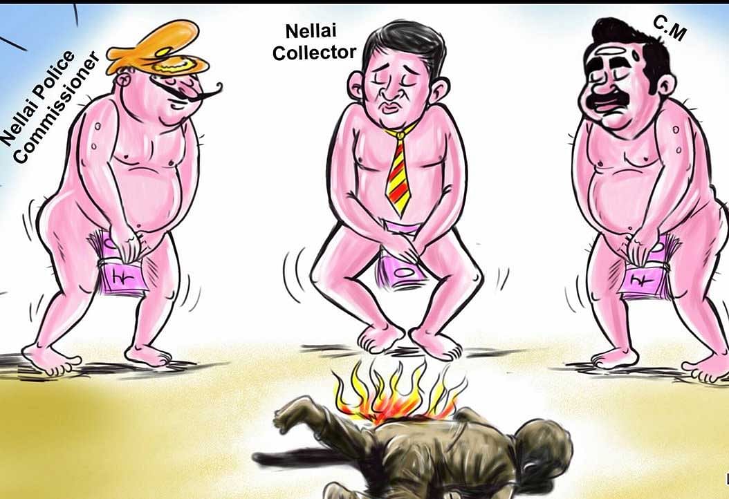 Cartoonist G Bala was arrested on November 5 for a cartoon (above) responding to the immolation of a child in front of a Tamil Nadu district office. Image courtesy Twitter.