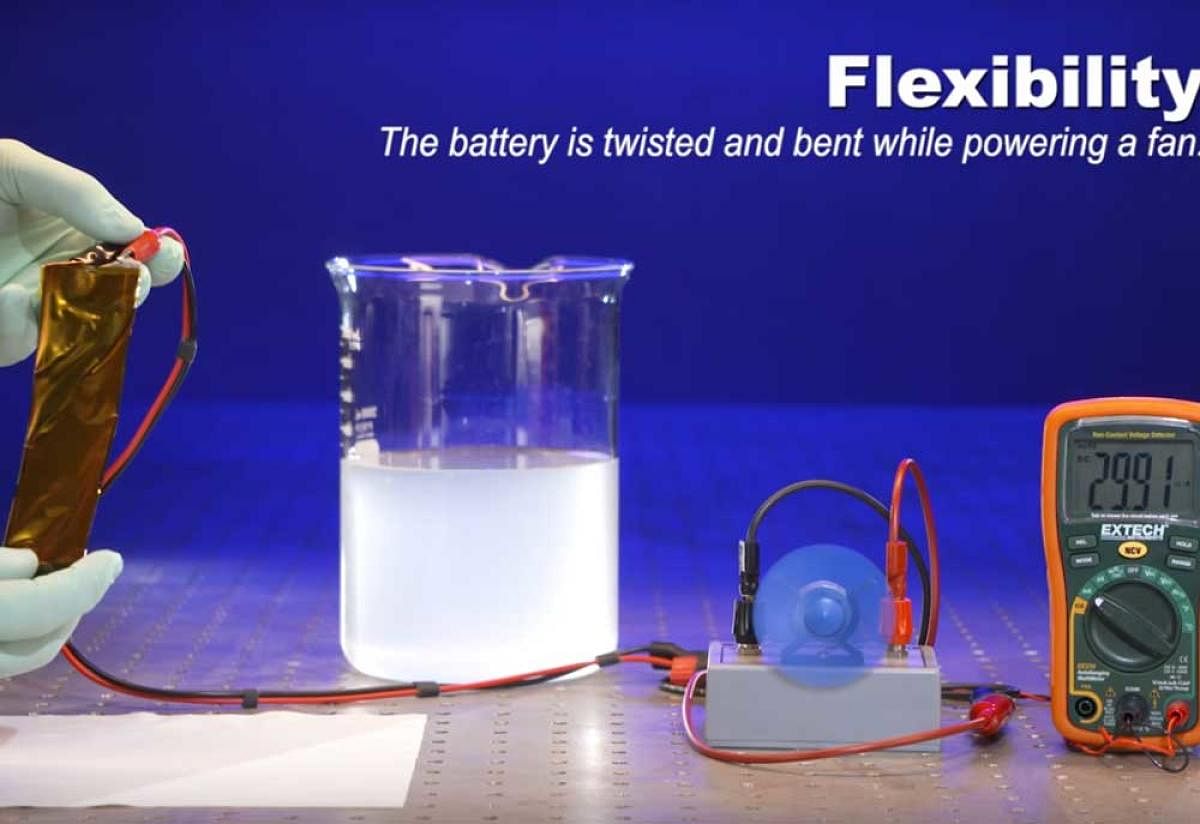 A screengrab of a demonstration of the new lithium-ion battery developed to be flexible and safer to operate than existing designs.