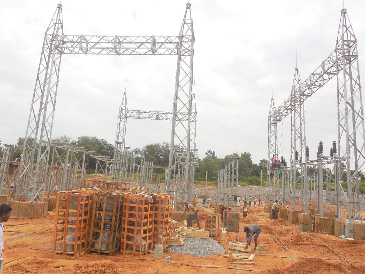 Works on the electricity substation at Manjunathpur, near Shravanabelagla in Hassan, under way.