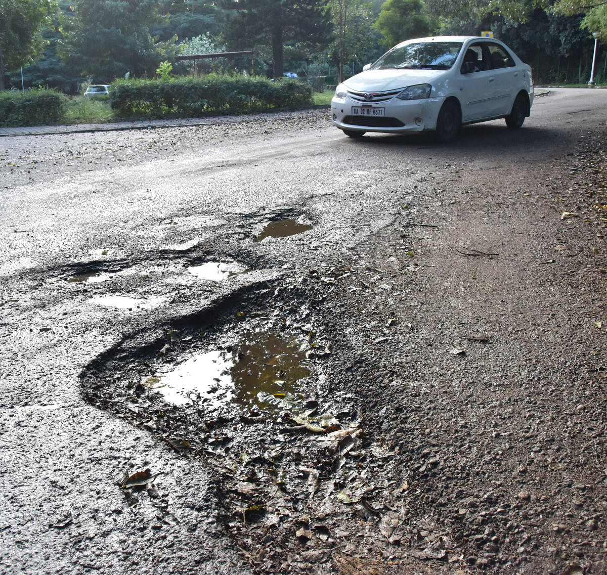 Potholes at Cubbon park in Bengaluru on Monday. Photo by Janardhan B K