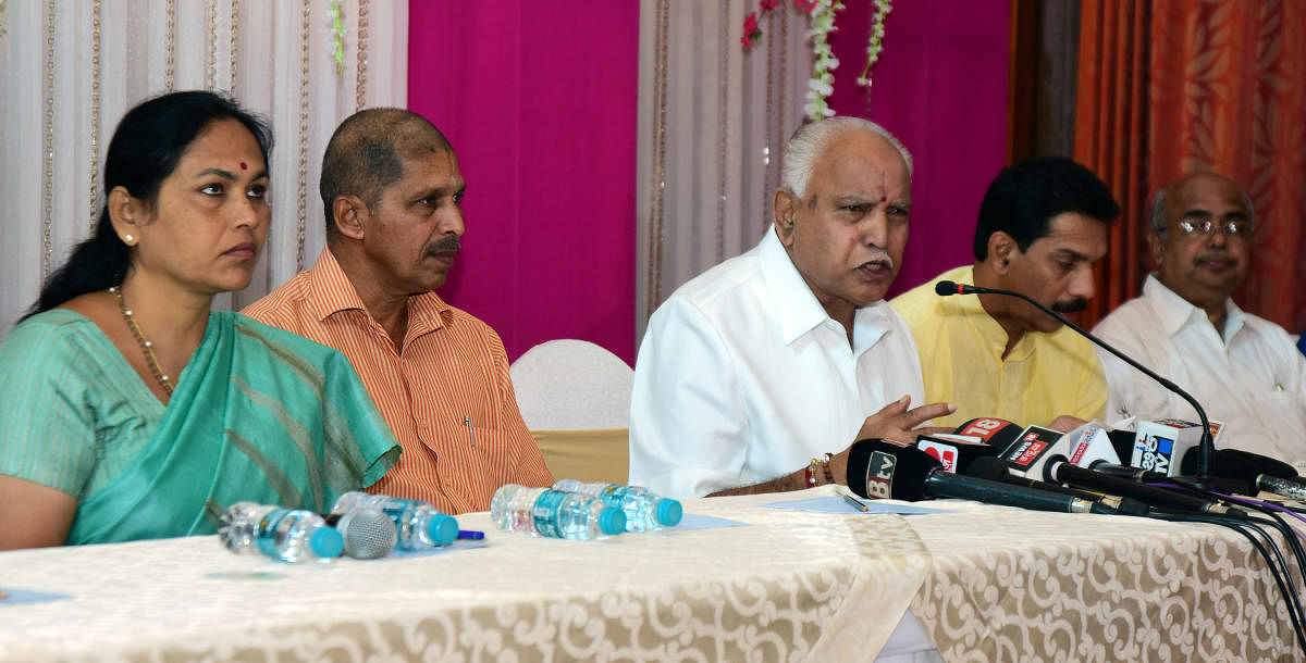 BJP State President B S Yeddyurappa speaks at press meet in Mangaluru on Sunday. &ndash;Photo/ Govindraj Javali
