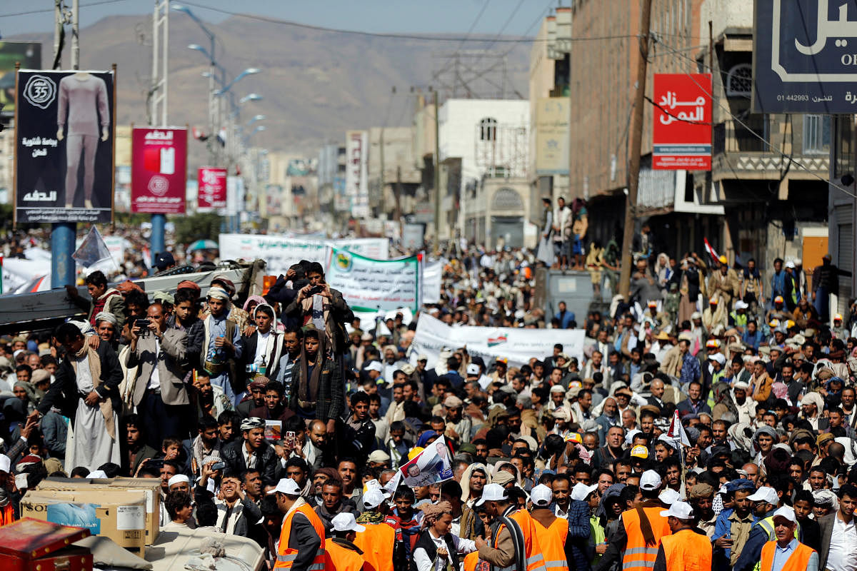 Supporters of the Houthi movement demonstrate against the closure of Yemen's ports by the Saudi-led coalition in Sanaa, Yemen, on Monday. REUTERS