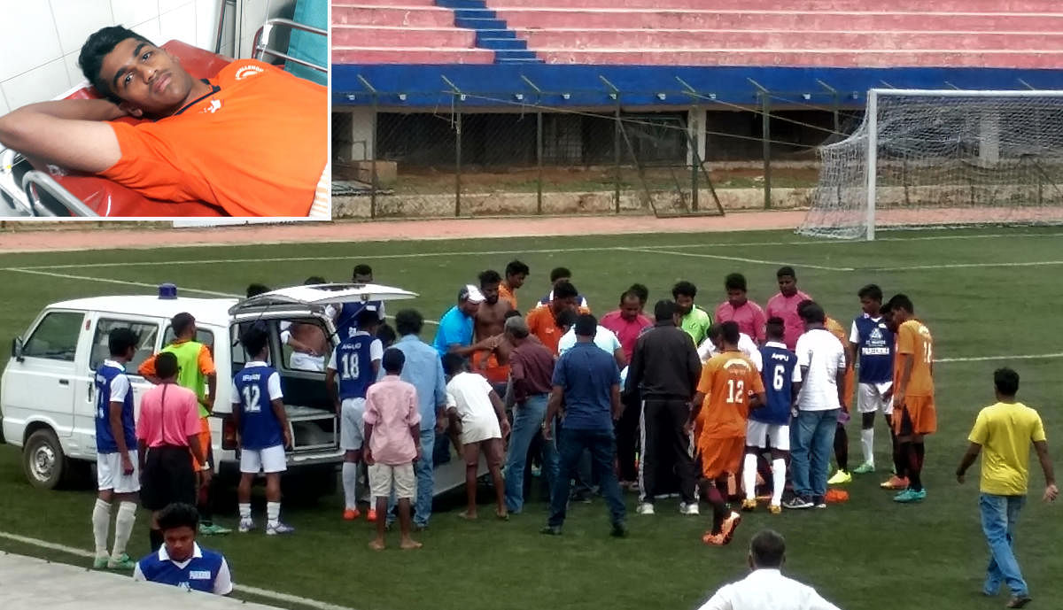 Striker of the Young Challenger FC team Ayush Panchamiya (inset) being taken to ambulance to take to the hospital after he was injured while playing his team A division match against Parikrama at KSFA stadium in Bengaluru on Tuesday.