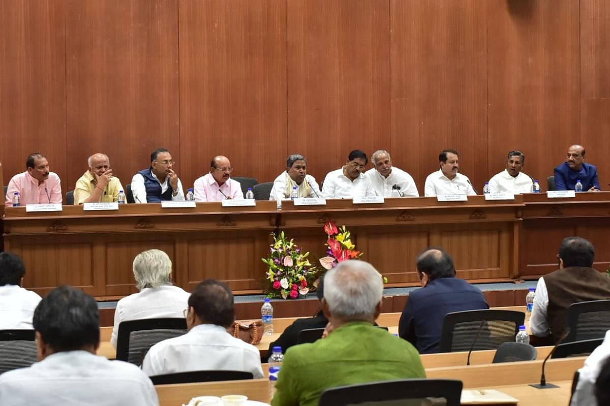 Chief Minister chairs a Congress Legislature Party meeting at Suvarna Soudha in Belagavi on Wednesday. The CLP meet is expected to decide the fate of the contentious KPME Bill.
