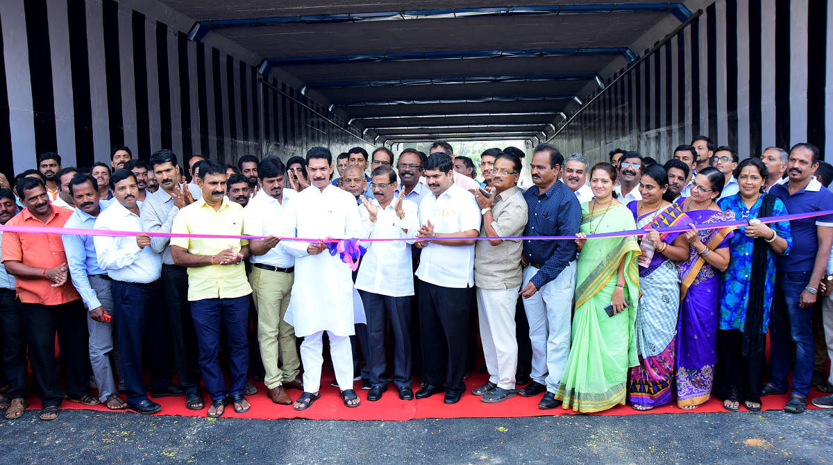 MP Nalin Kumar Kateel inaugurates the Road Under Bridge, at Padil on NH 73, on the outskirts of Mangaluru on Wednesday.
