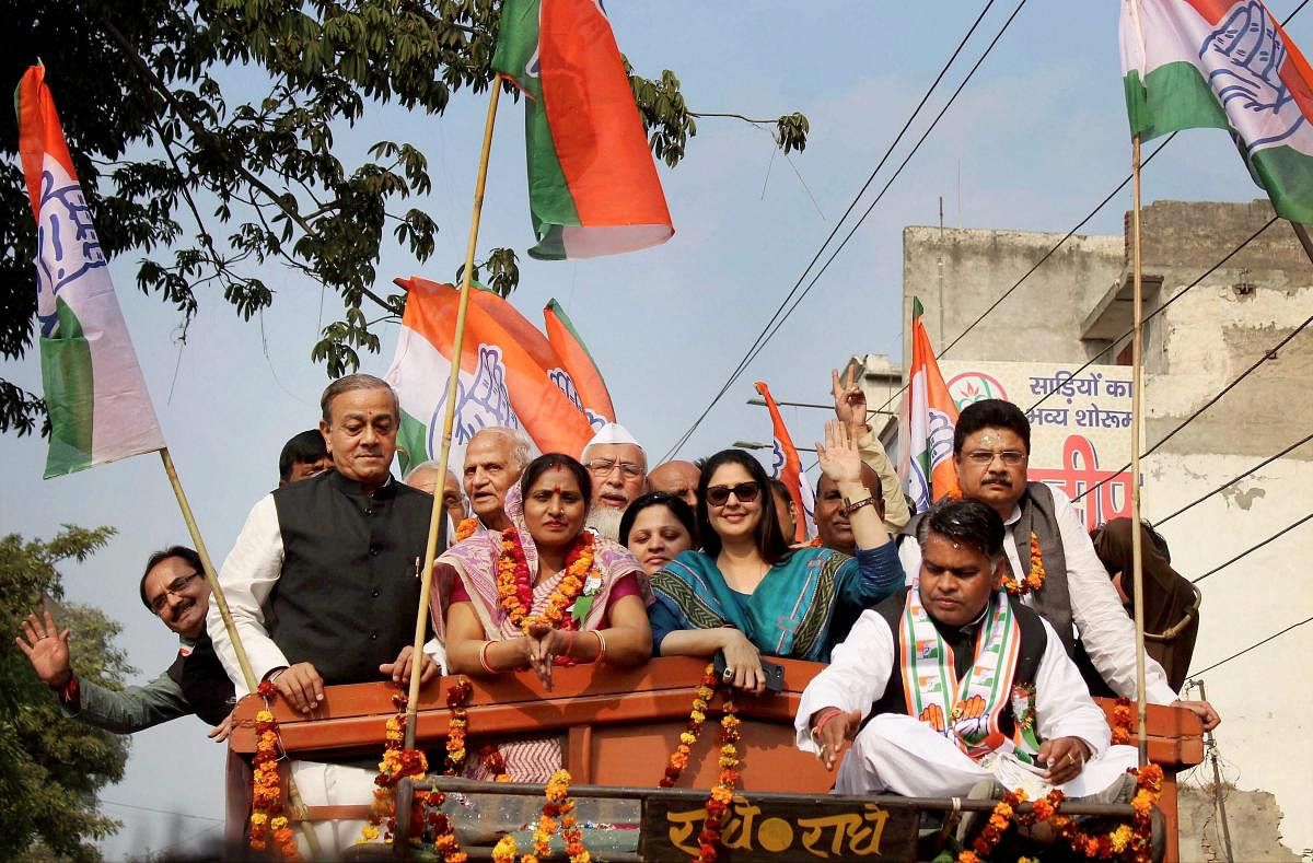 Actor and Congress leader Nagma during an election rally in Meerut, Uttar Pradesh, on Saturday. The state will hold local body elections from November 22.