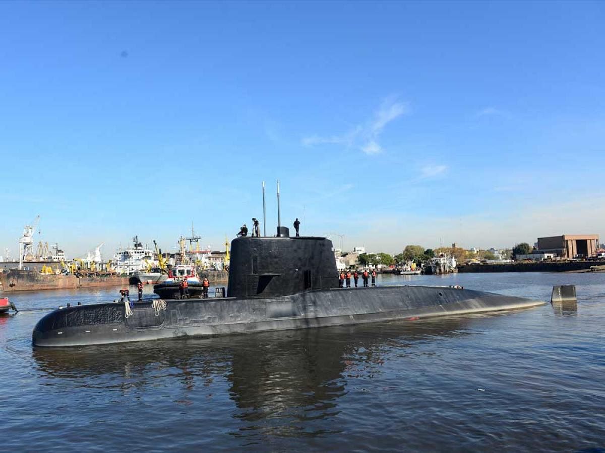 The Argentine military submarine ARA San Juan and crew are seen leaving the port of Buenos Aires, Argentina June 2, 2014. Picture taken on June 2, 2014.