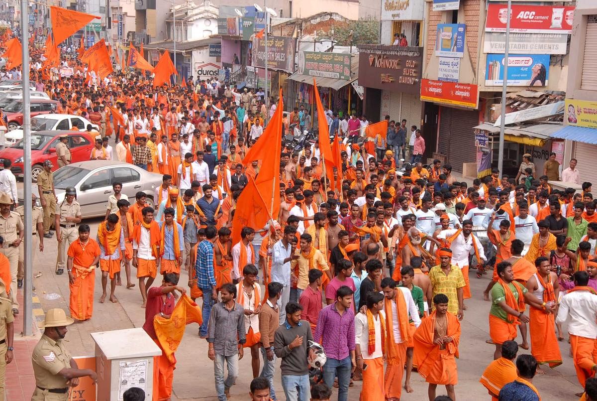 Sri Rama Sene members take out shobhayatre as a part of Dattamala Abhiyana in Chikkamagaluru on Sunday.