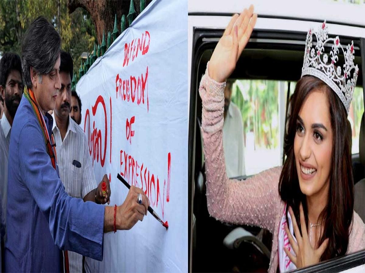 Shashi Tharoor writes a message on Freedom of Expression at a protest and Miss World 2017 Manushi Chhillar waves after her coronation. PTI Photos
